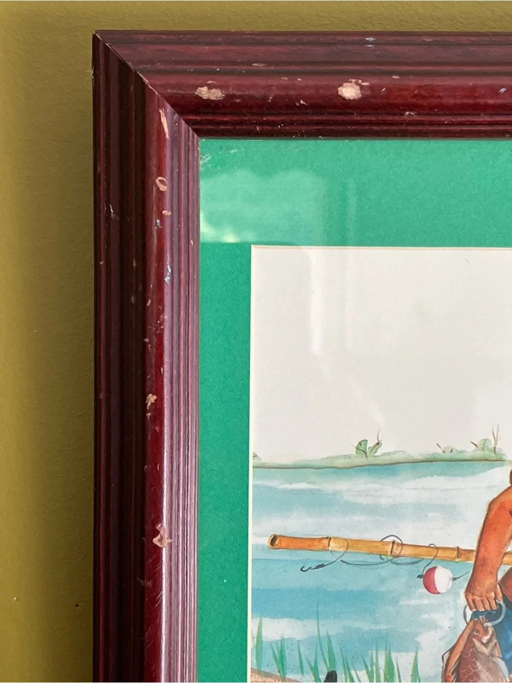 Black American Vintage Watercolor Painting Haitian Boy Catching Fish Artwork